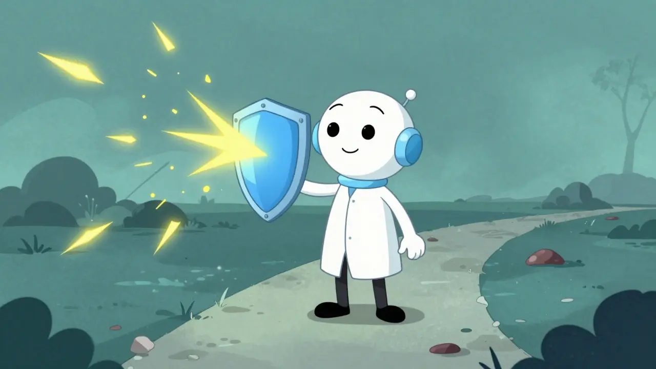A scientist character shields neural pathways, representing new dopamine-sparing treatments.