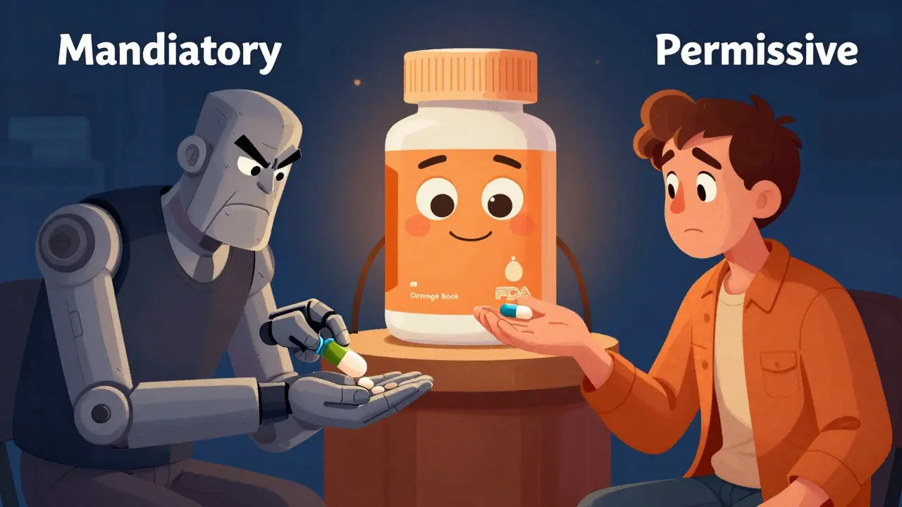 Animated illustration comparing mandatory and permissive drug substitution