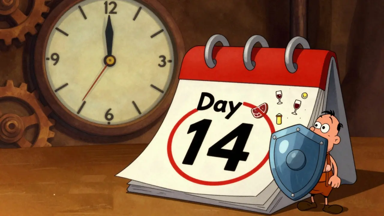 Calendar marking day 14 with patient blocking forbidden food icons