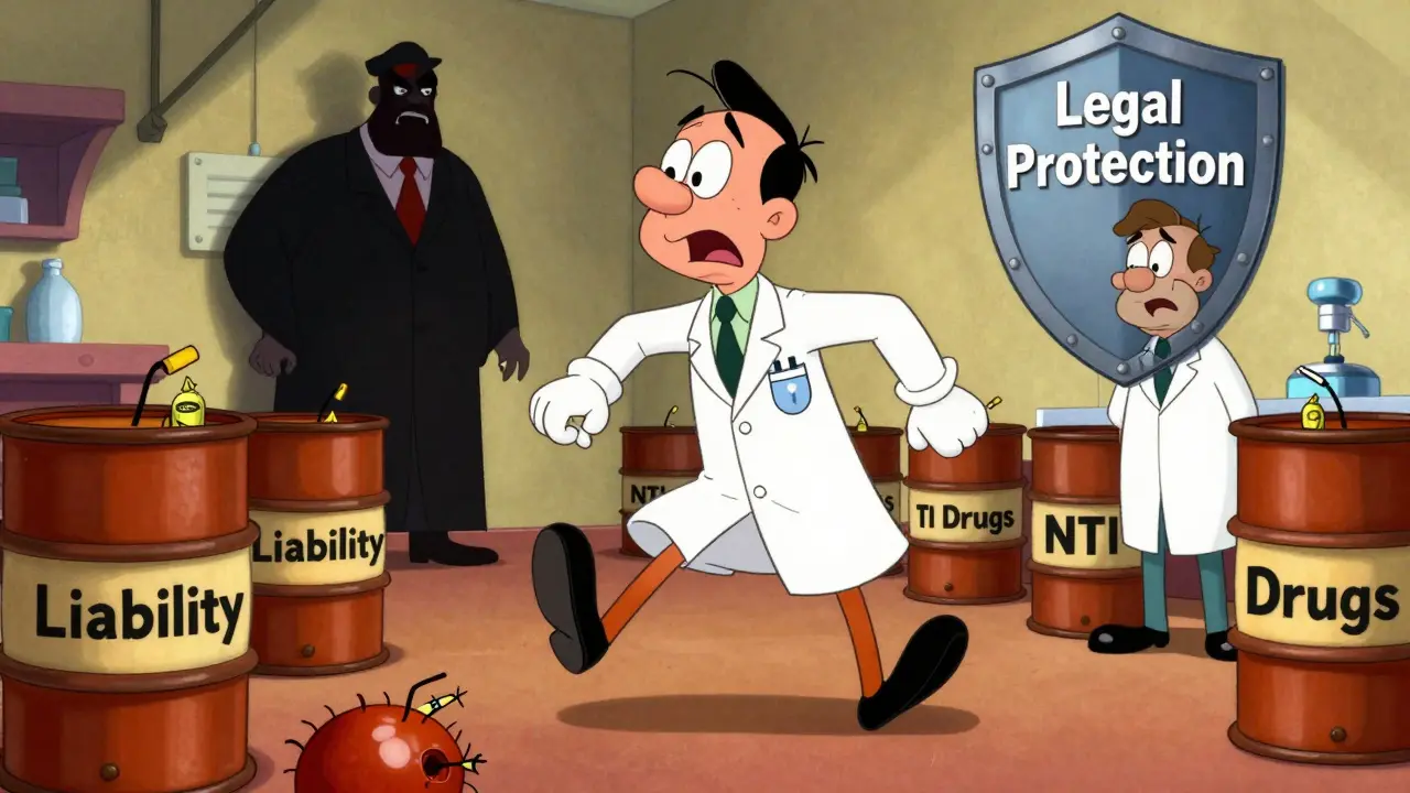Cartoon pharmacist navigating liability risks with generic drug substitution