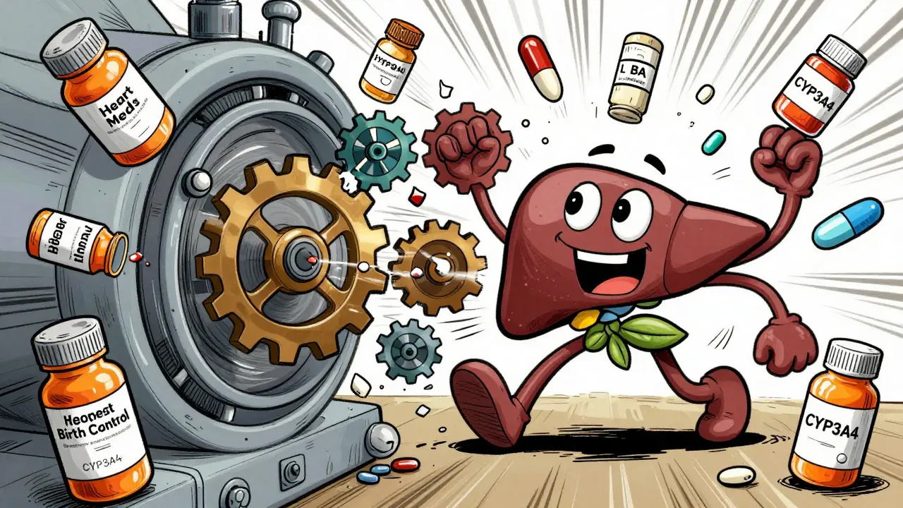 Chaotic cartoon liver rapidly breaking down various medication pills
