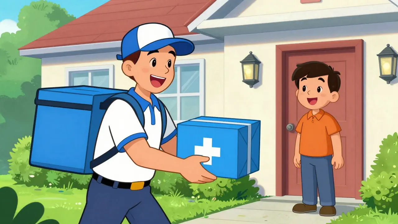 Delivery person handing medication package to happy customer