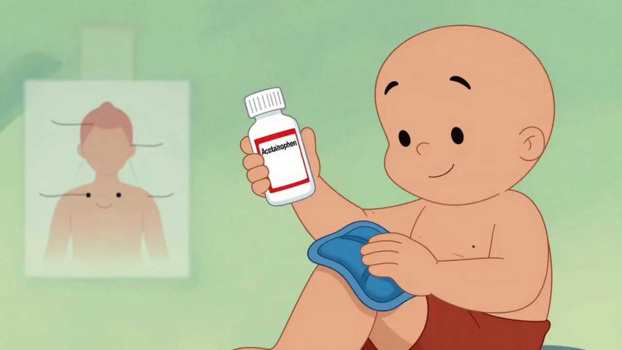 Happy cartoon character using ice pack and safe pain reliever