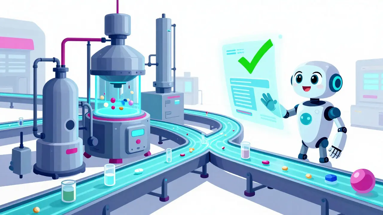 Illustration of a sleek automated pharmacy factory with an AI robot monitoring production flows.