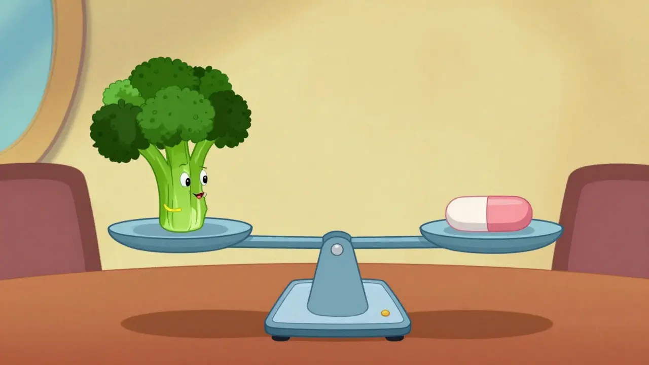 Illustration of balanced scale with broccoli and warfarin pill