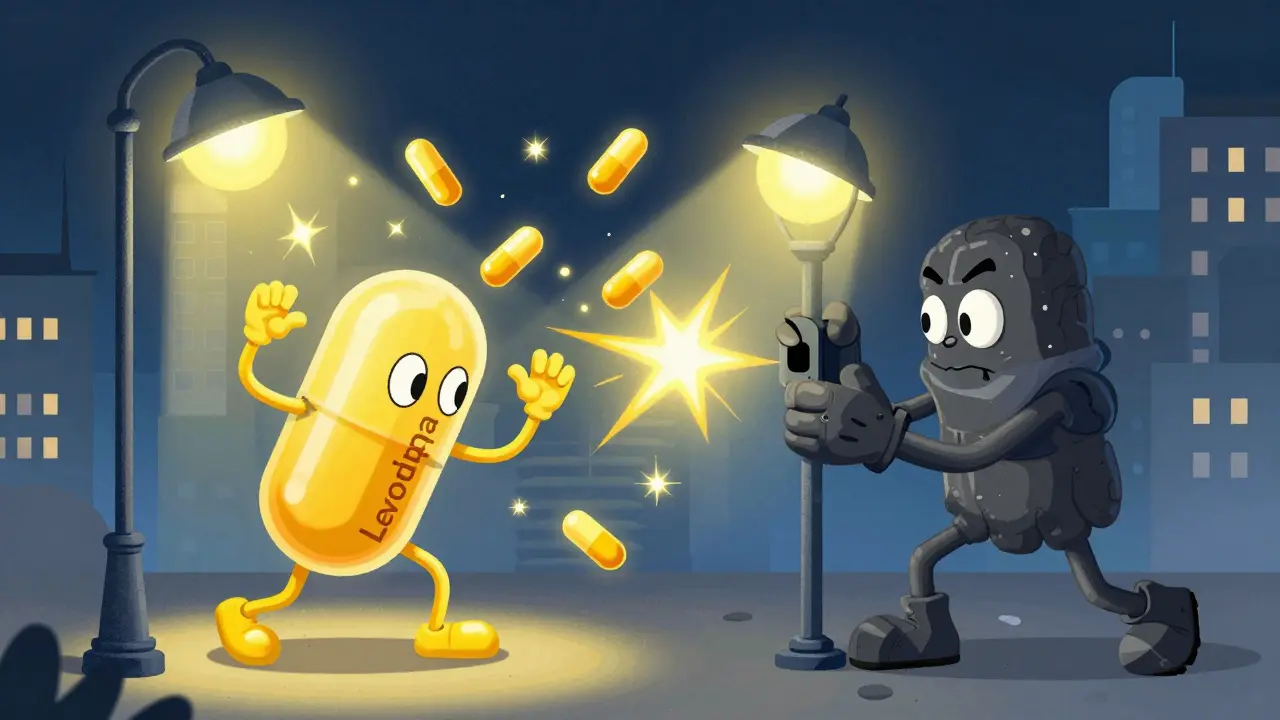 Illustration of dopamine sparks being blocked by antipsychotic figures in a stylized brain city.