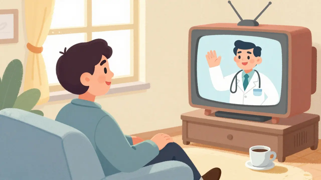 Patient having a happy telehealth video consultation at home
