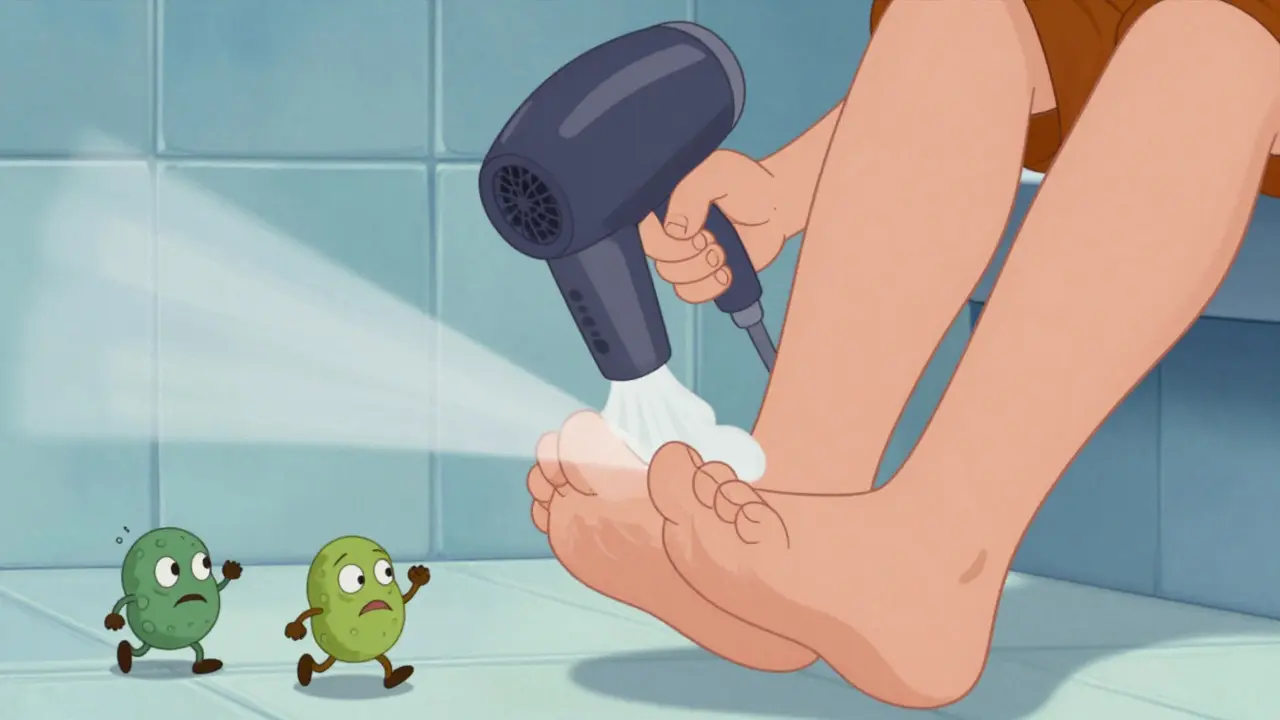 Person drying feet with hairdryer to prevent fungus in 1930s cartoon style