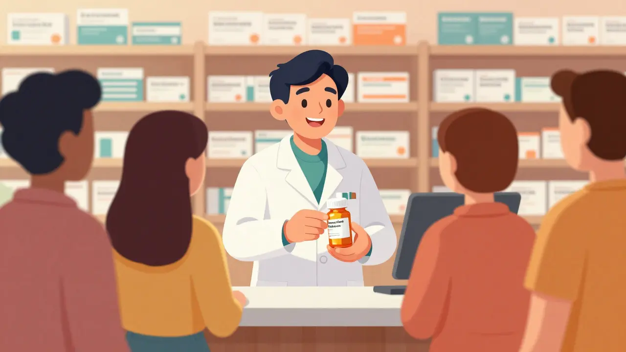 Pharmacist handing out consistent generic medication to trusting patients