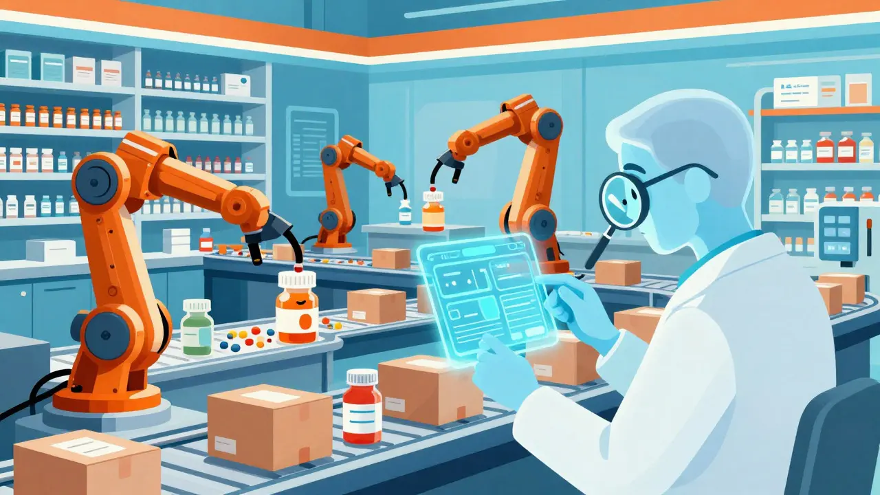 Robots and AI pharmacist packing medicines in retro-futuristic lab