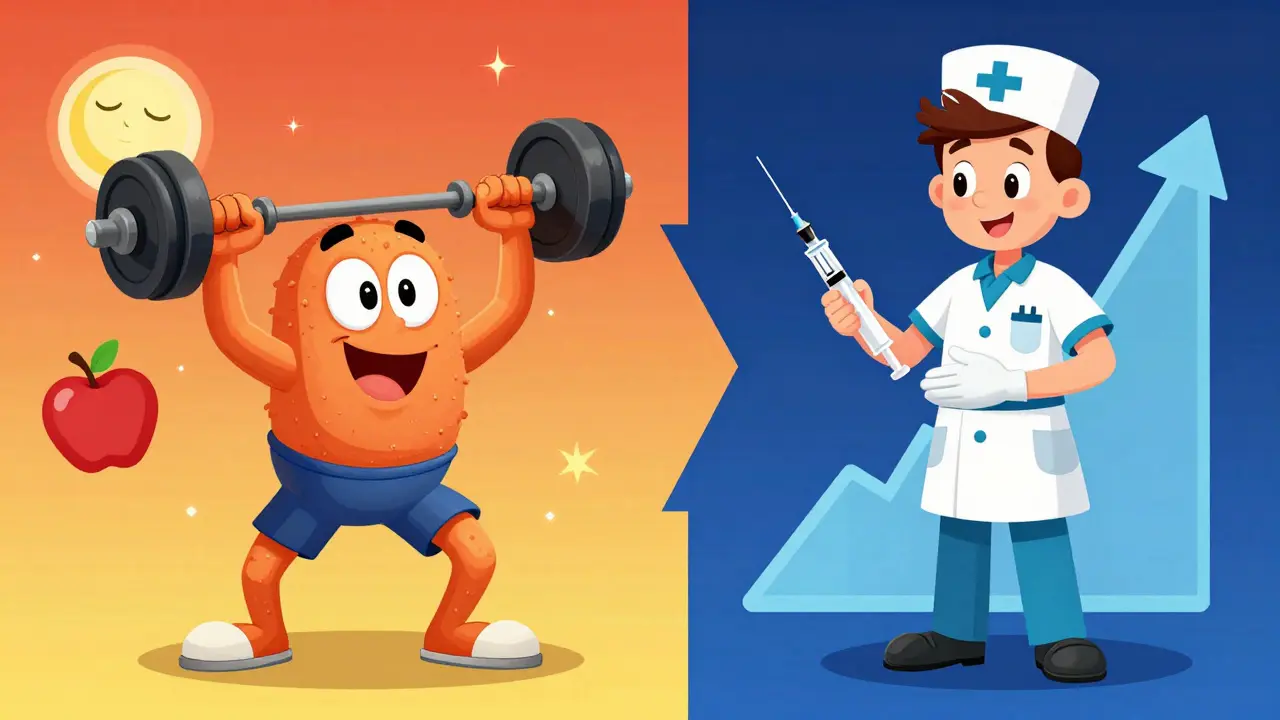 Split illustration showing exercise lifestyle vs medical testosterone treatment