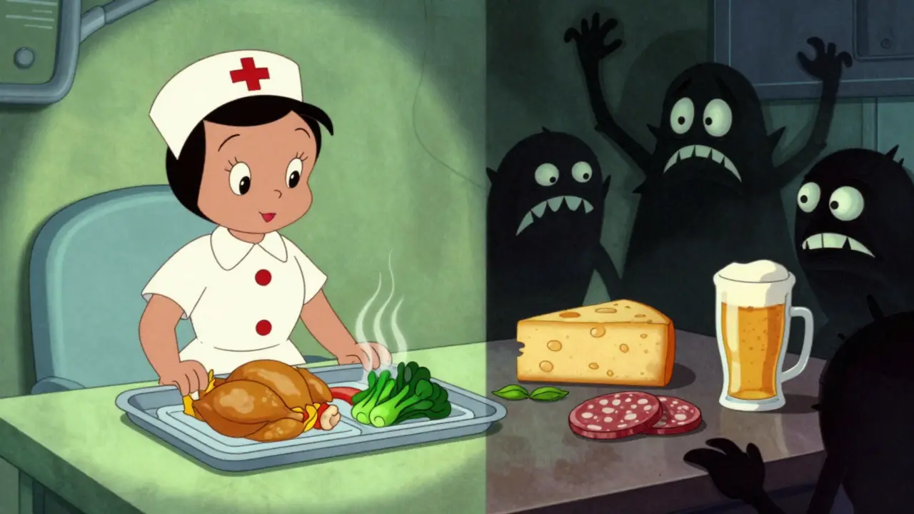 Split scene comparing safe hospital food vs dangerous aged foods