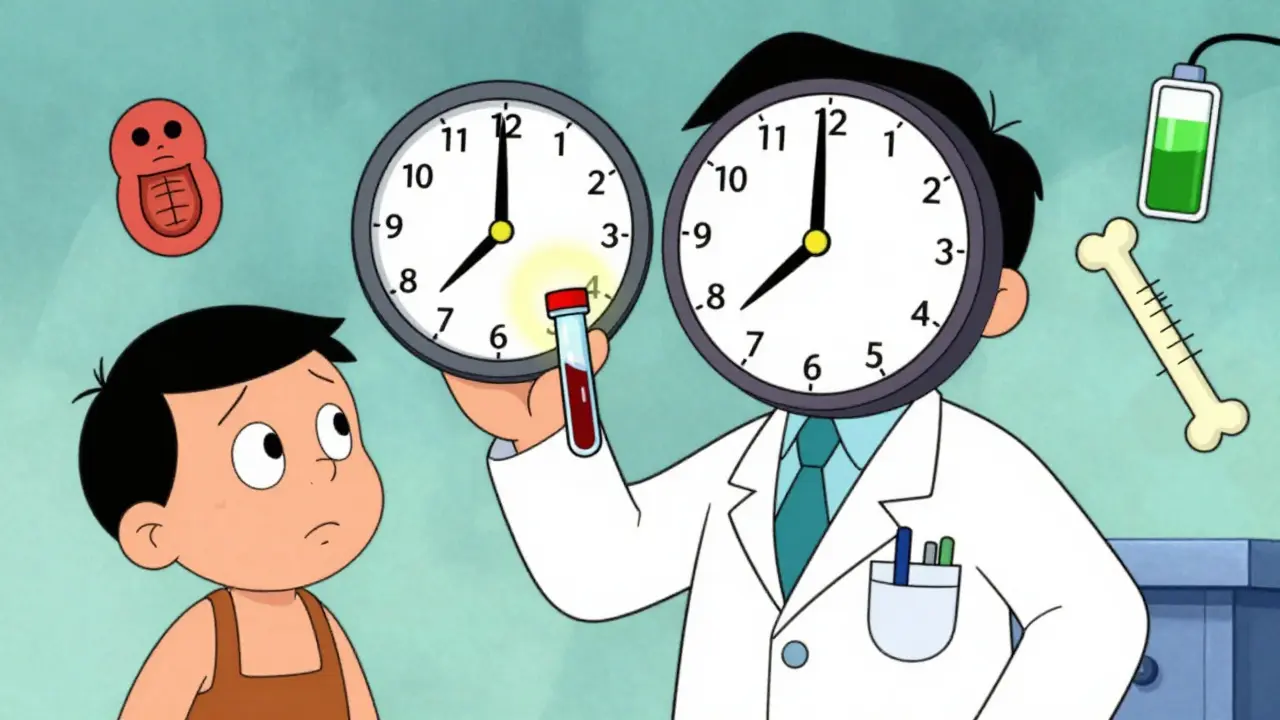 Stylized doctor holding clock and blood vial next to patient with symptom icons