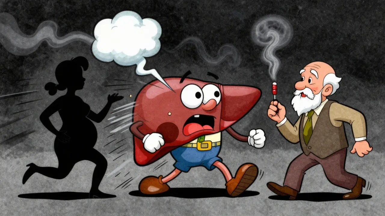 Stylized liver character overwhelmed by factors affecting drug metabolism speed.