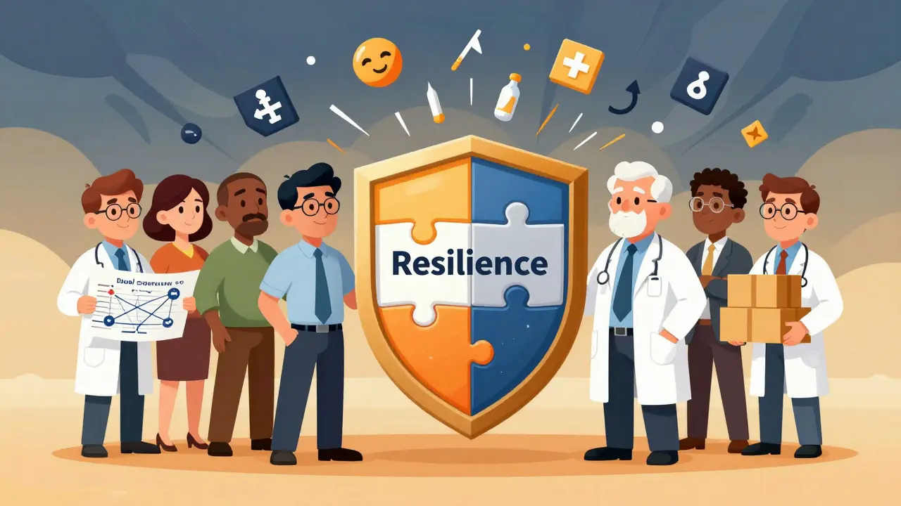 Team of experts holding a resilience shield protecting against supply chain storms and risks.