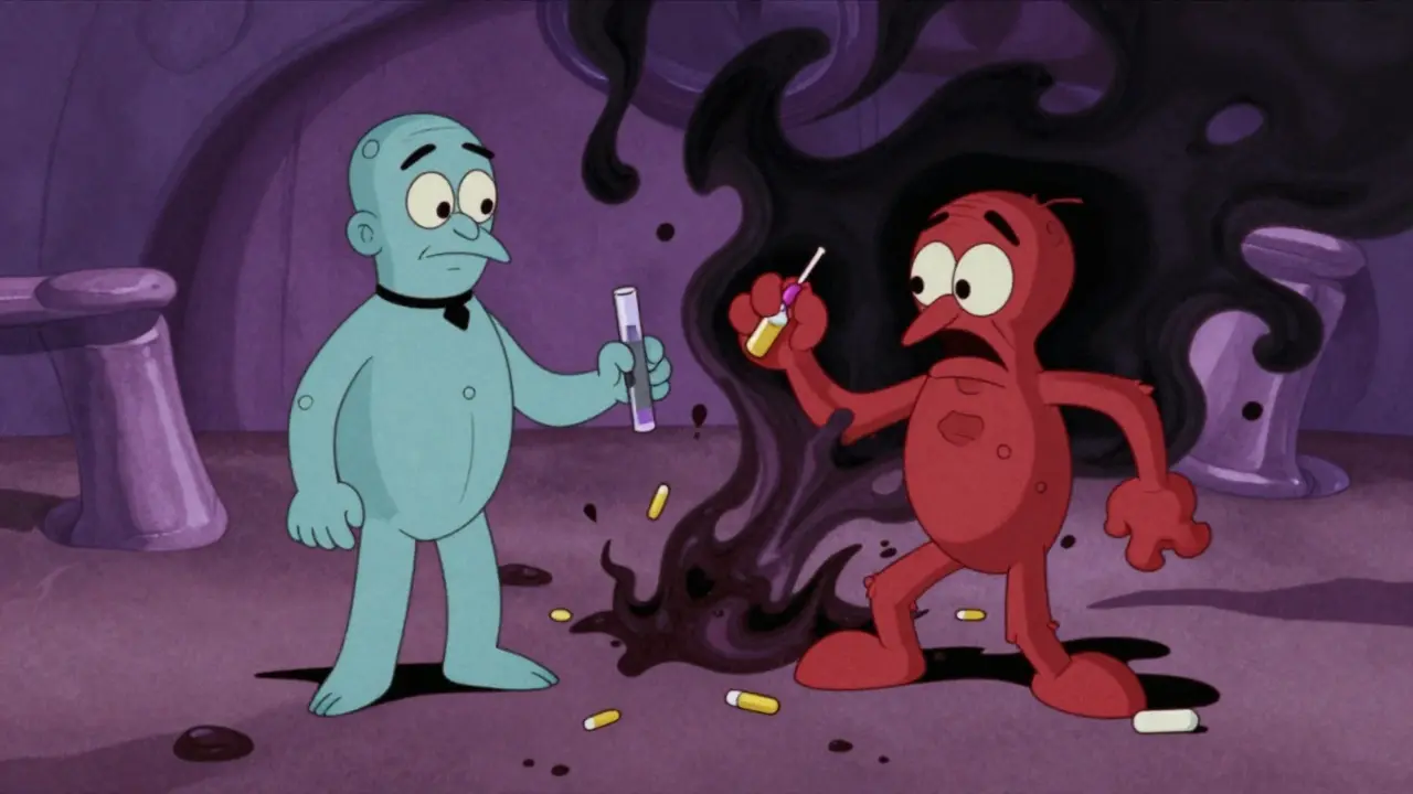 Two cartoon figures merging into a dark vortex, showing drug interaction risks