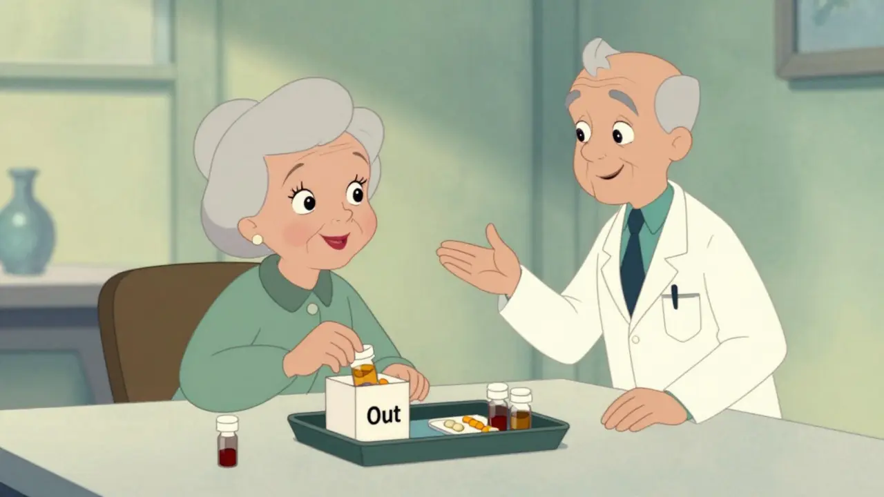 Woman organizing meds with doctor, showing safe deprescribing process