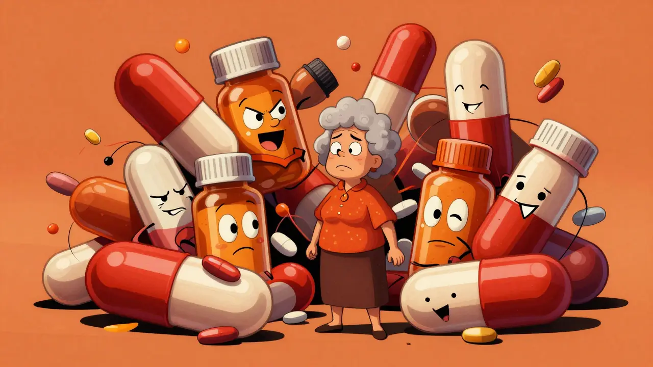 Woman surrounded by chaotic, personified pills illustrating polypharmacy risks
