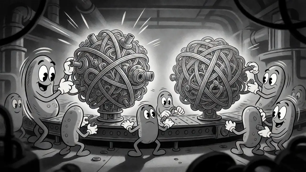 Animated factory scene where cell characters build complex proteins for reference and biosimilar drugs.