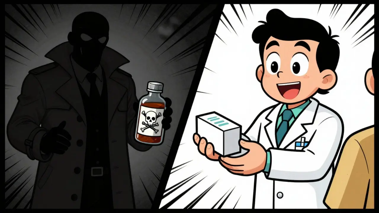 Cartoon contrast between shady fake drug seller and safe pharmacist