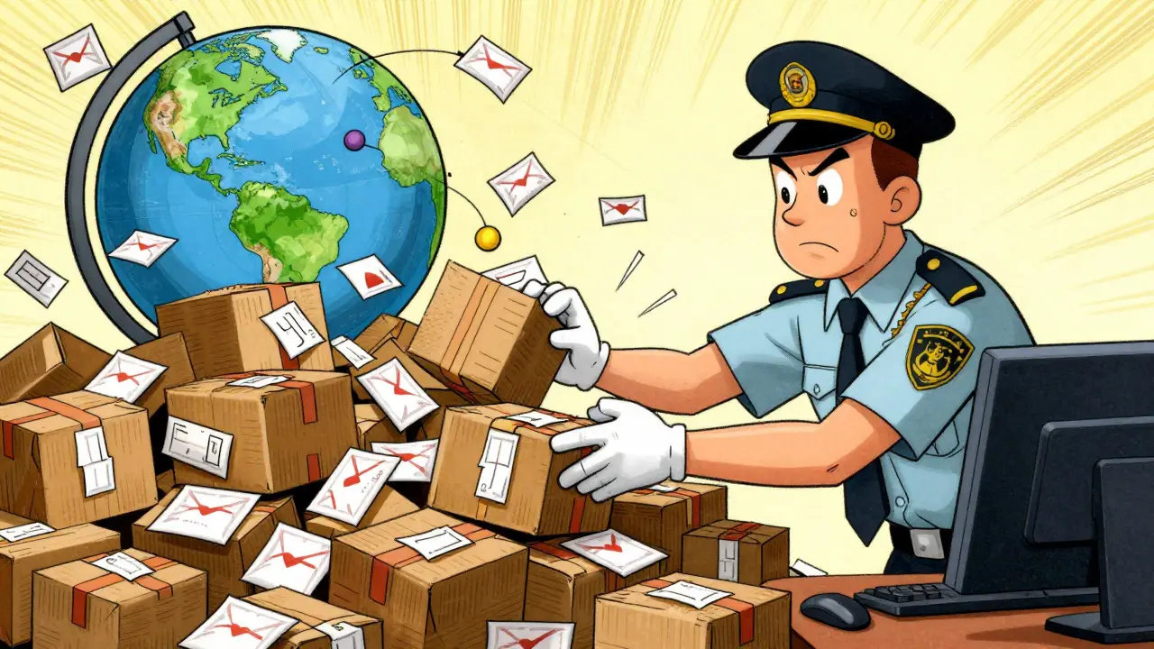 Cartoon customs officer overwhelmed by endless small mail packages, vintage animation style.