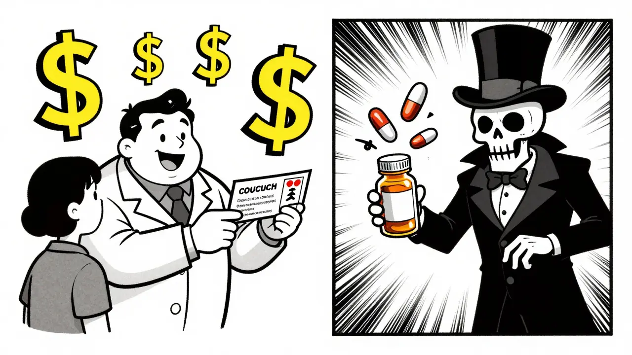 Cartoon pharmacist offering coupons vs sinister vendor selling dangerous pills