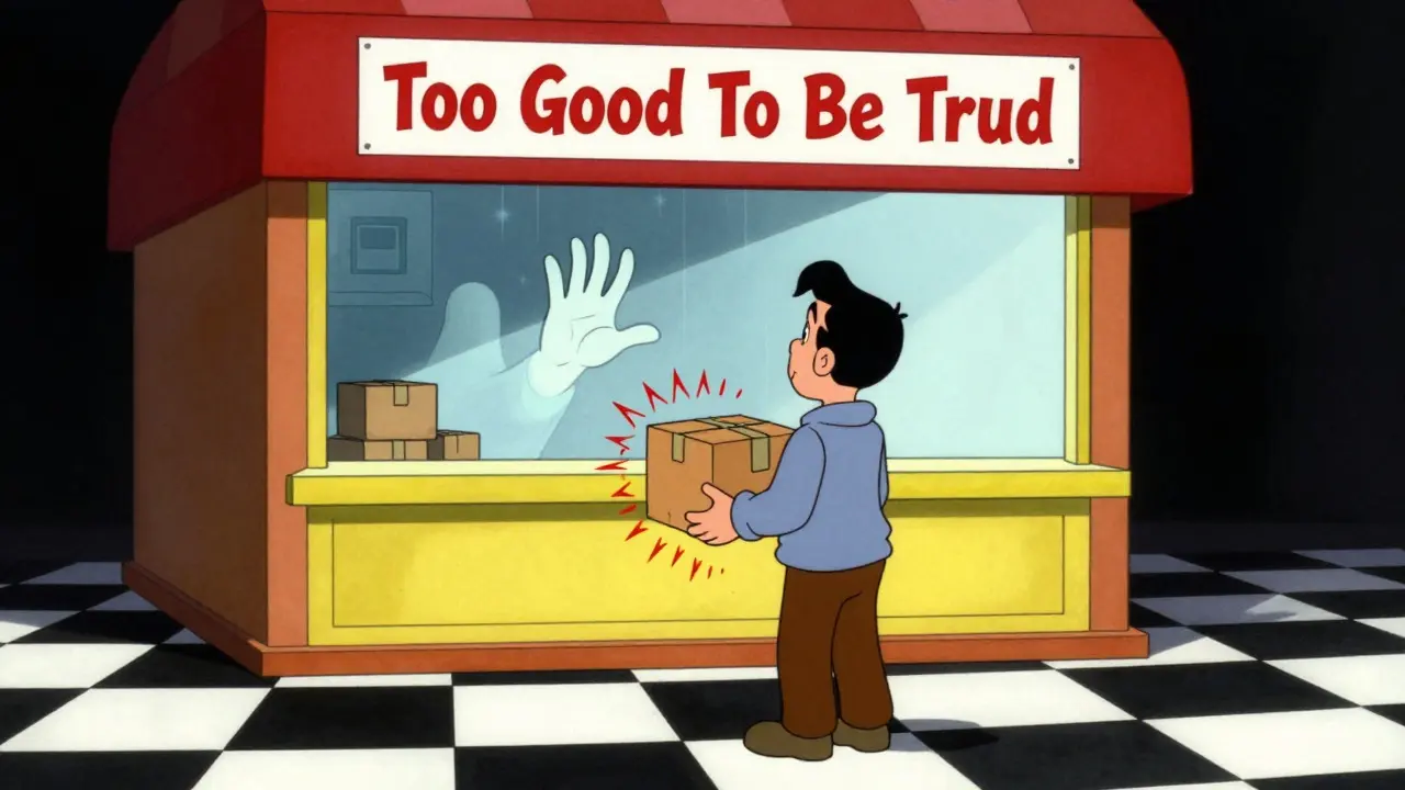 Consumer buying suspicious meds online from a shady digital storefront, retro cartoon art.