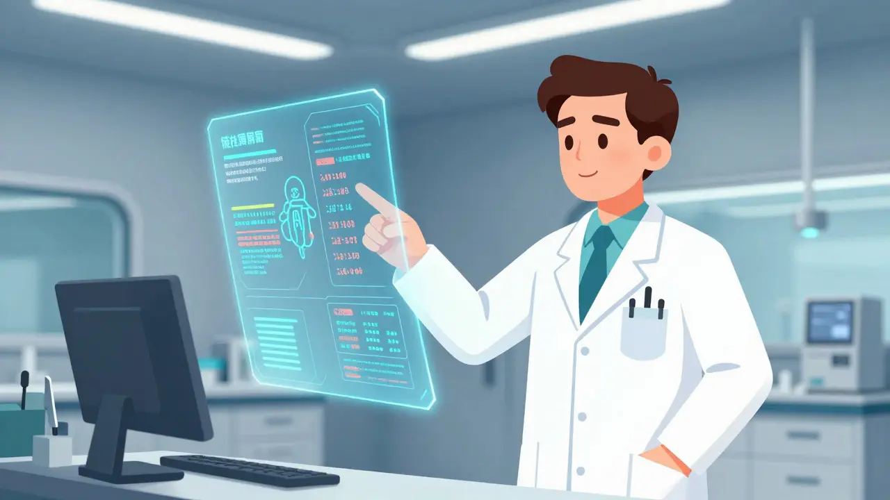 Doctor interacting with holographic genetic data in a futuristic lab