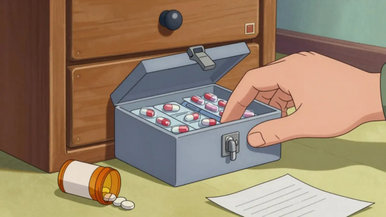 Hand securing prescription pills in a lock box on a dresser