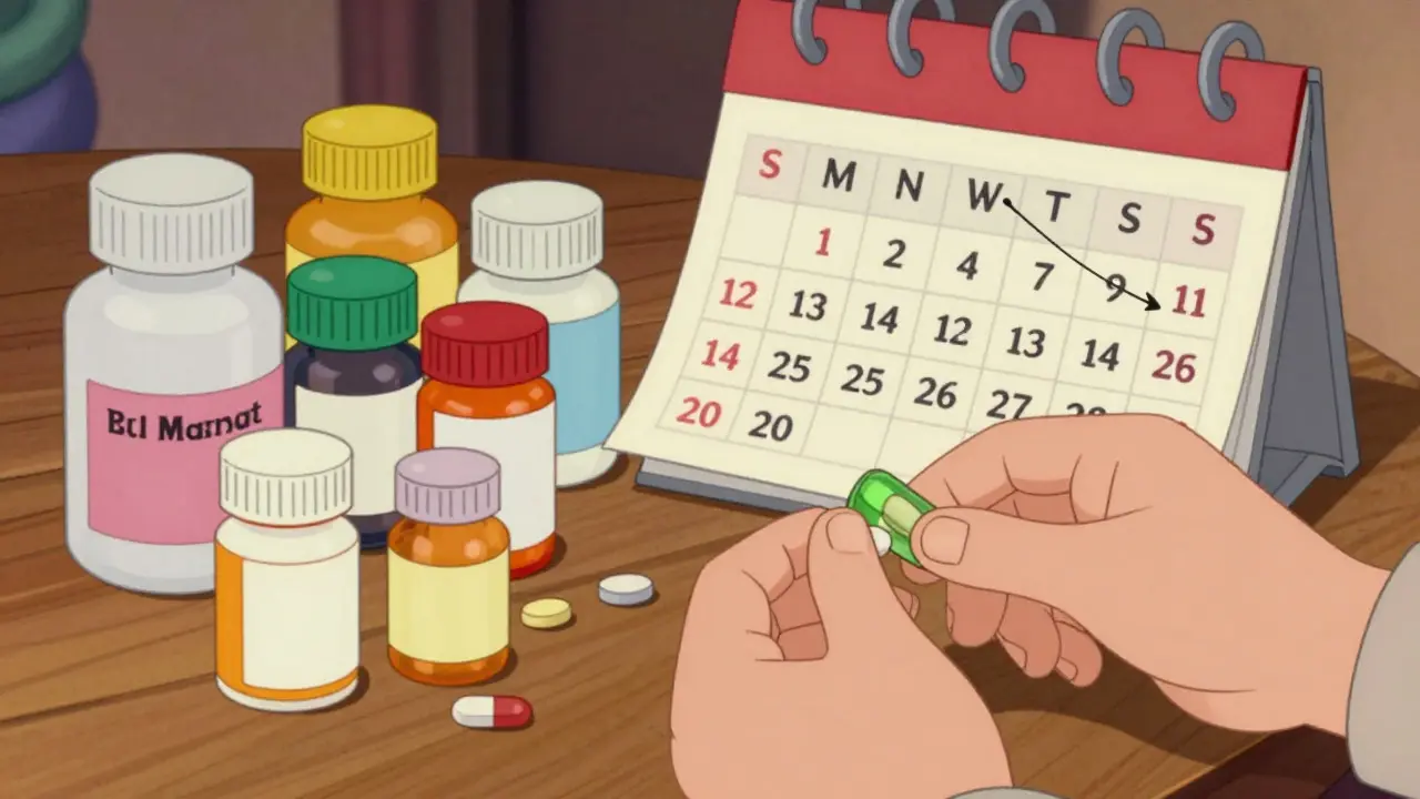 Hands sorting pill bottles next to a highlighted calendar in cartoon style