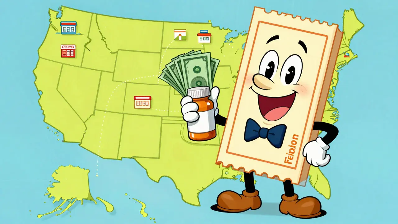Happy character saving money on generic meds with coupons