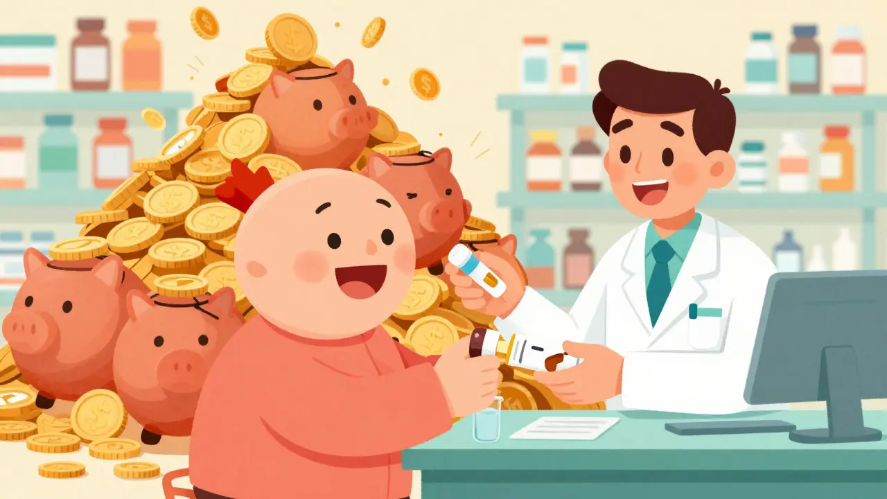 Happy patient receiving medicine from a pharmacist with piles of savings behind them