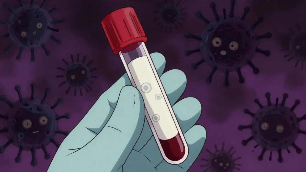 Illustration of a blood test tube with sparse cells and approaching bacteria