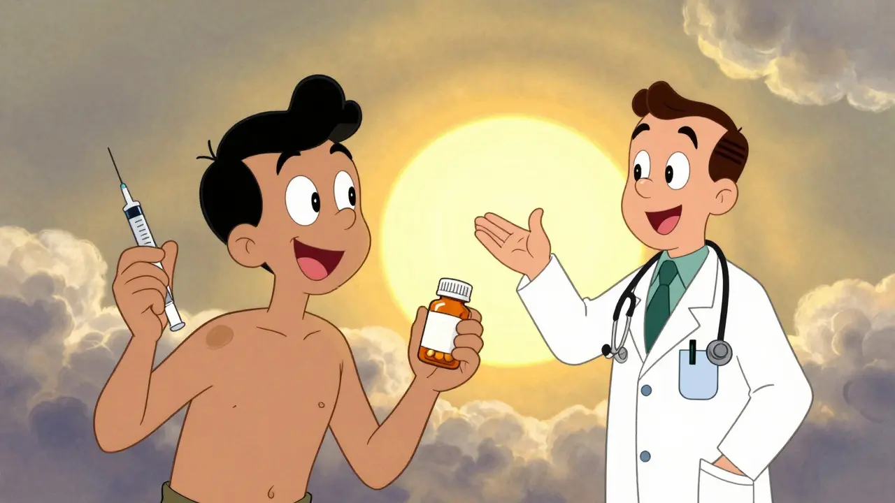 Patient holding medication and injection pen with doctor under sunny sky