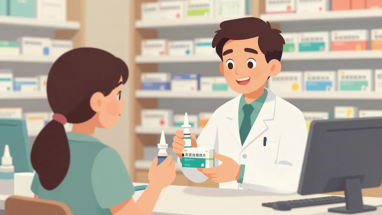 Pharmacist handing a naloxone kit to a patient in a friendly office