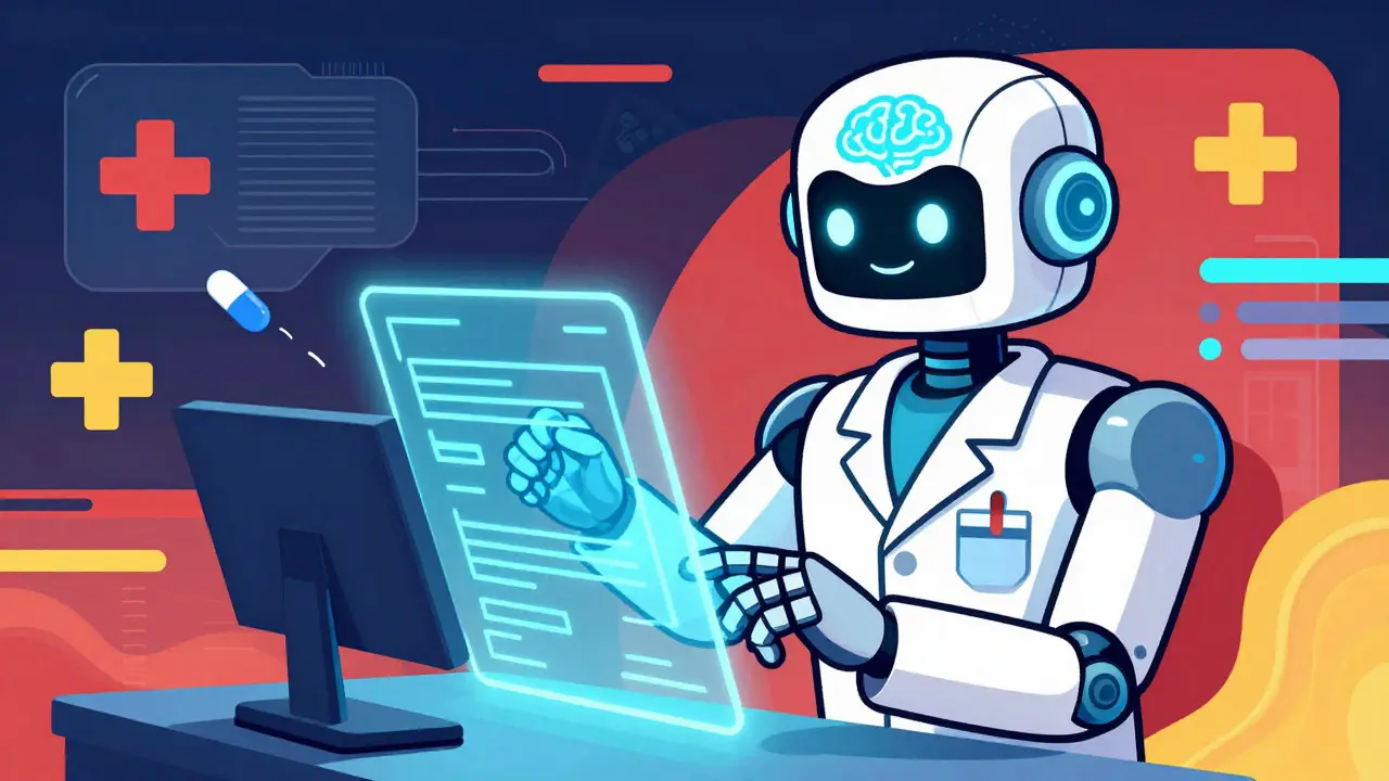 Retro-style AI robot assisting pharmacist with safety data