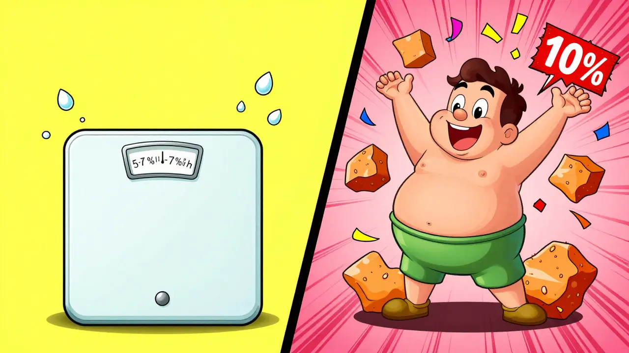Split screen cartoon showing benefits of 5% vs 10% weight loss.
