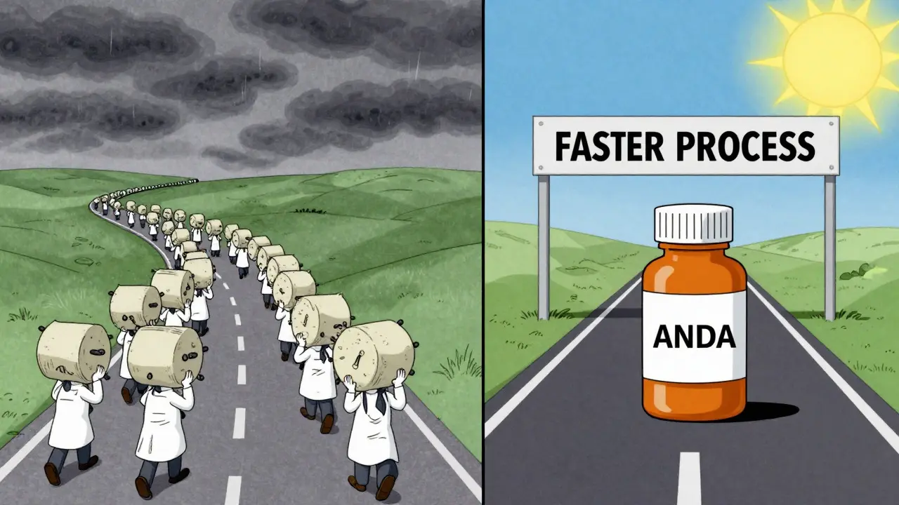 Split view showing a long difficult path versus a short easy highway for drug approval