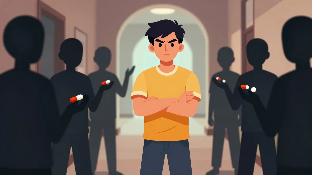 Student confidently refusing pills offered by peers in hallway