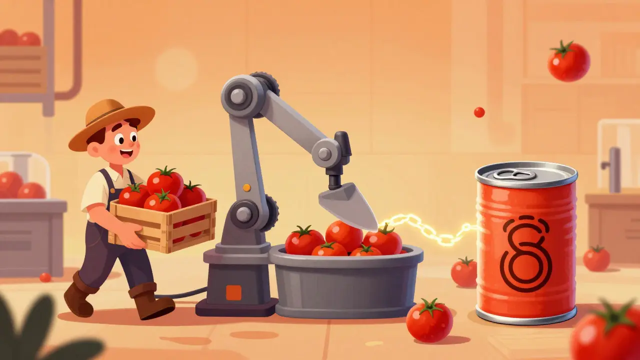 Stylized factory scene showing tomatoes transforming into canned goods with linked IDs