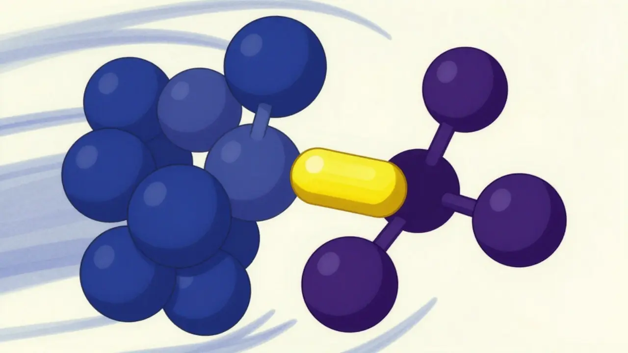 Stylized illustration of naloxone molecules displacing opioids on receptors