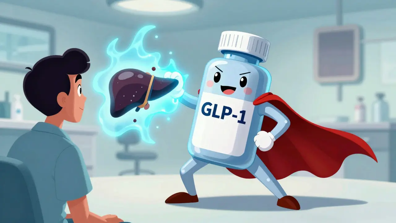 Superhero pill character dissolving liver fat in vintage animation style.