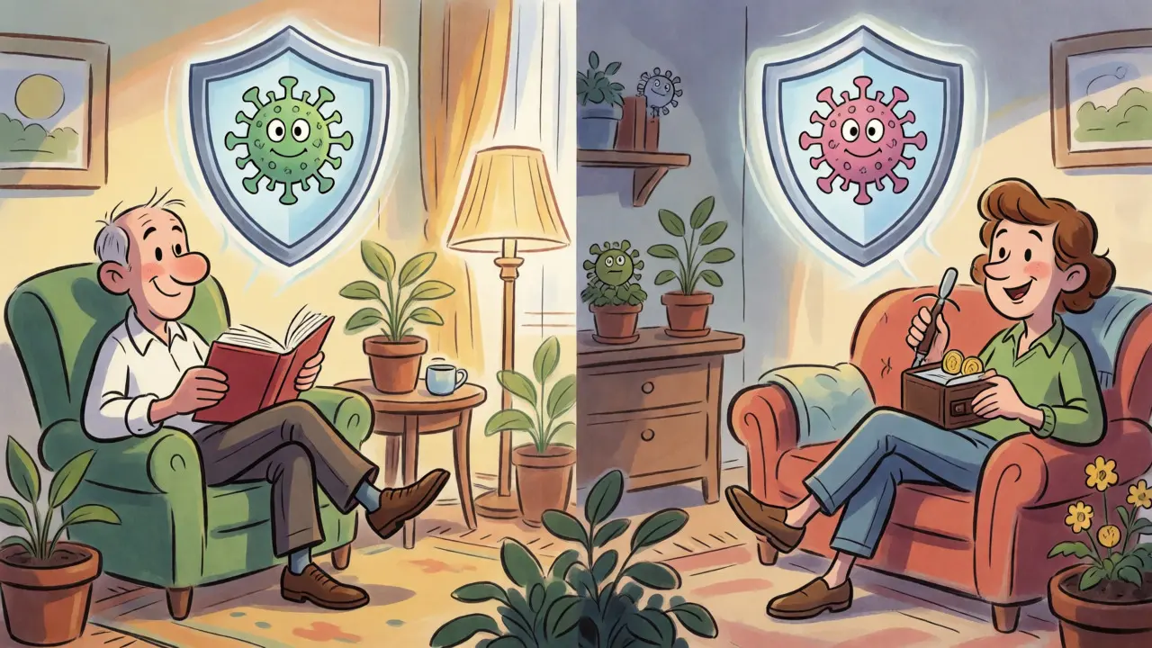 Two protected patients in a cartoon style, showing equal health outcomes and different costs.