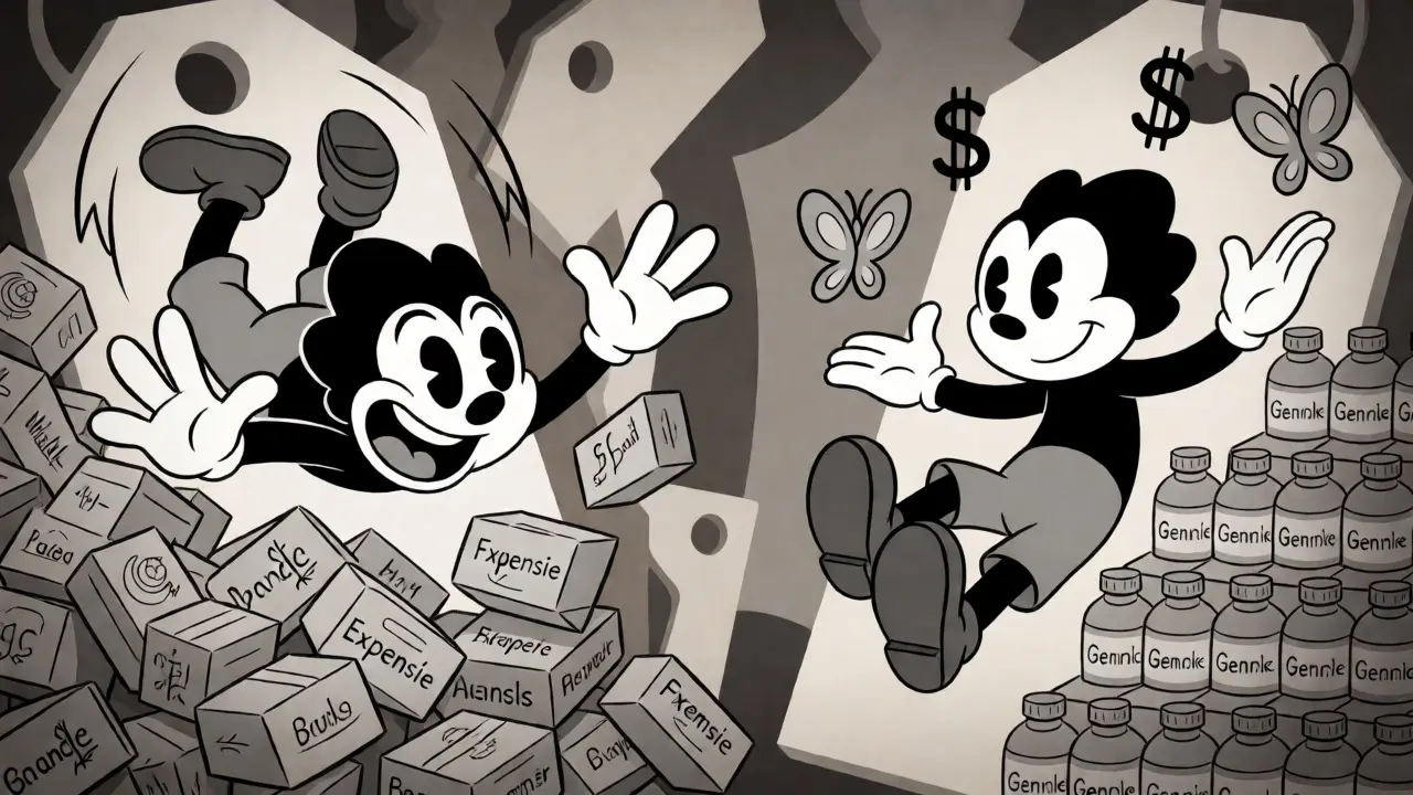 Animated split screen showing stress over brand names vs calm generic savings