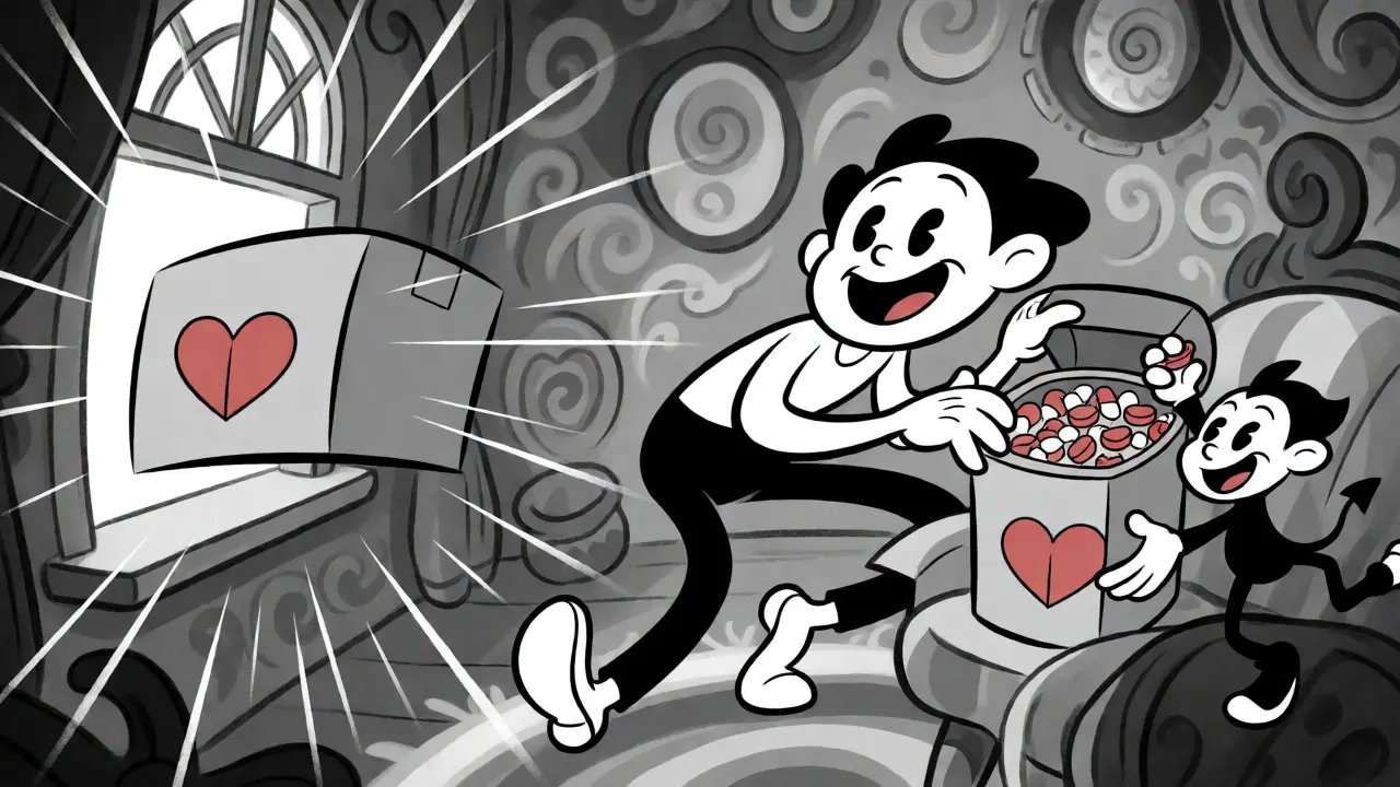 Cartoon character receiving bulk medication delivery with playful imp