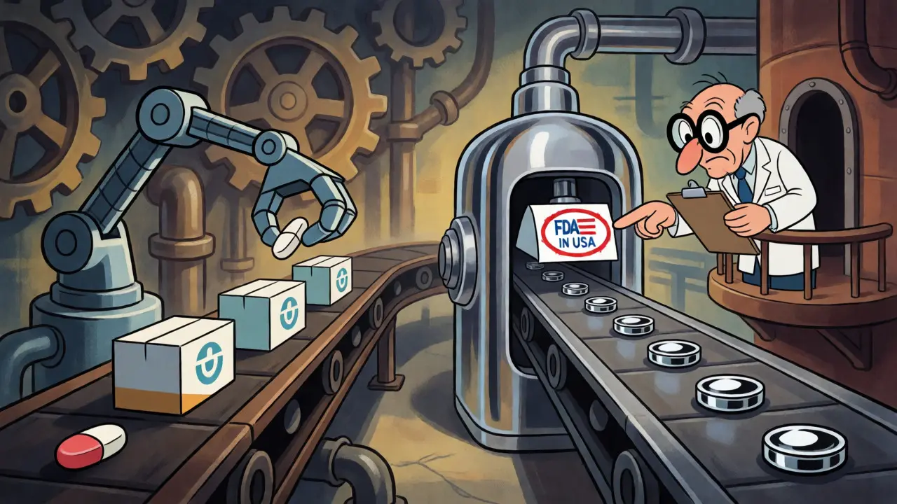Factory scene contrasting independent and authorized generic production lines